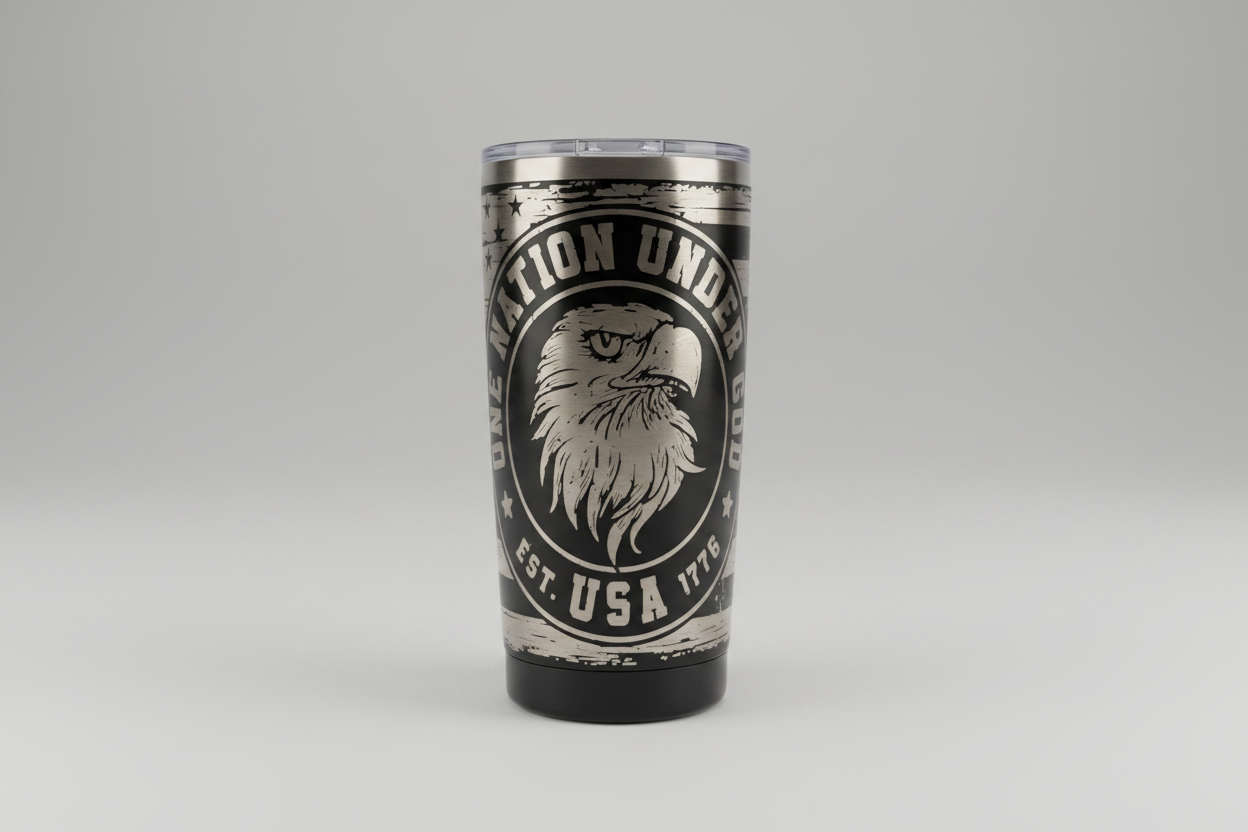 Tumbler with an eagle design and text "One Nation Under God USA Est 1776"