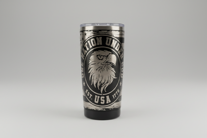 Tumbler with an eagle design and text "One Nation Under God USA Est 1776"