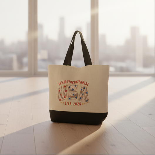 Tote bag with 'Semiquincenial USA 1776-2026' design on a window blind background