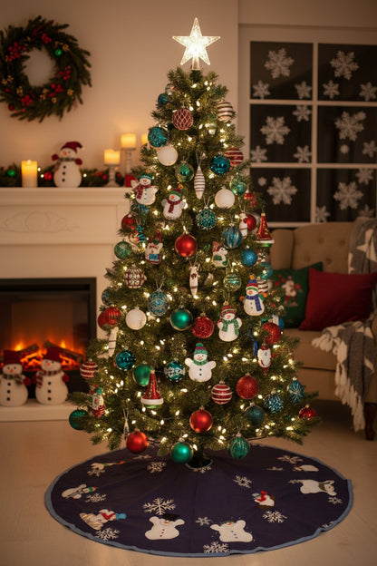 Snowmen tree skirt with applique embroidery on a blue background.