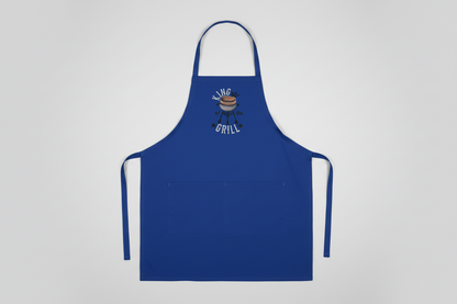 Blue apron with grill graphic and text on a light gray background