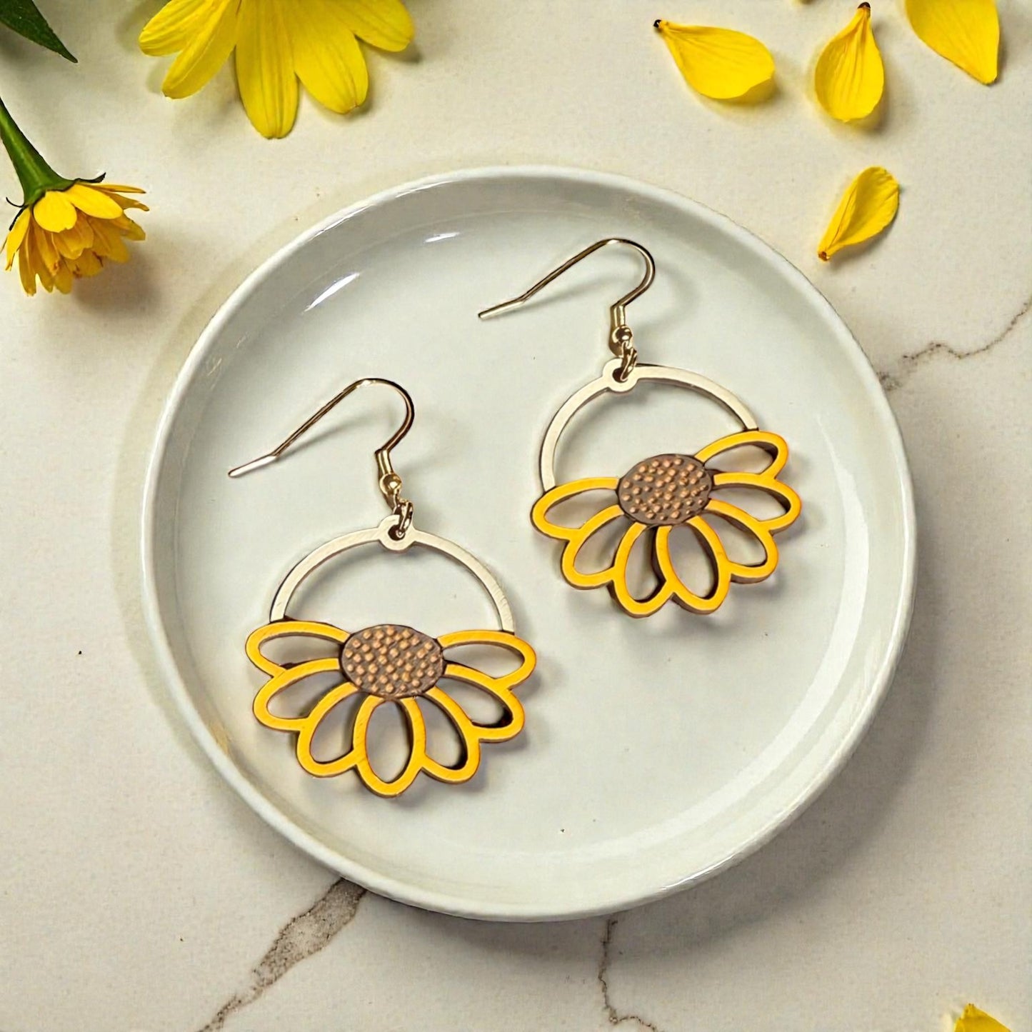 Yellow Daisy Wood Dangle Earrings