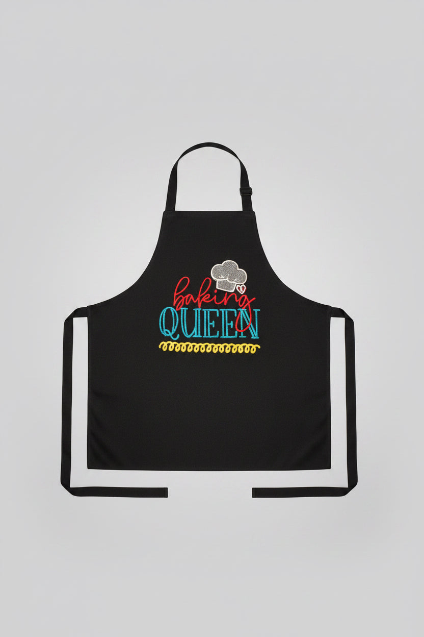 black apron with 'Baking Queen' text