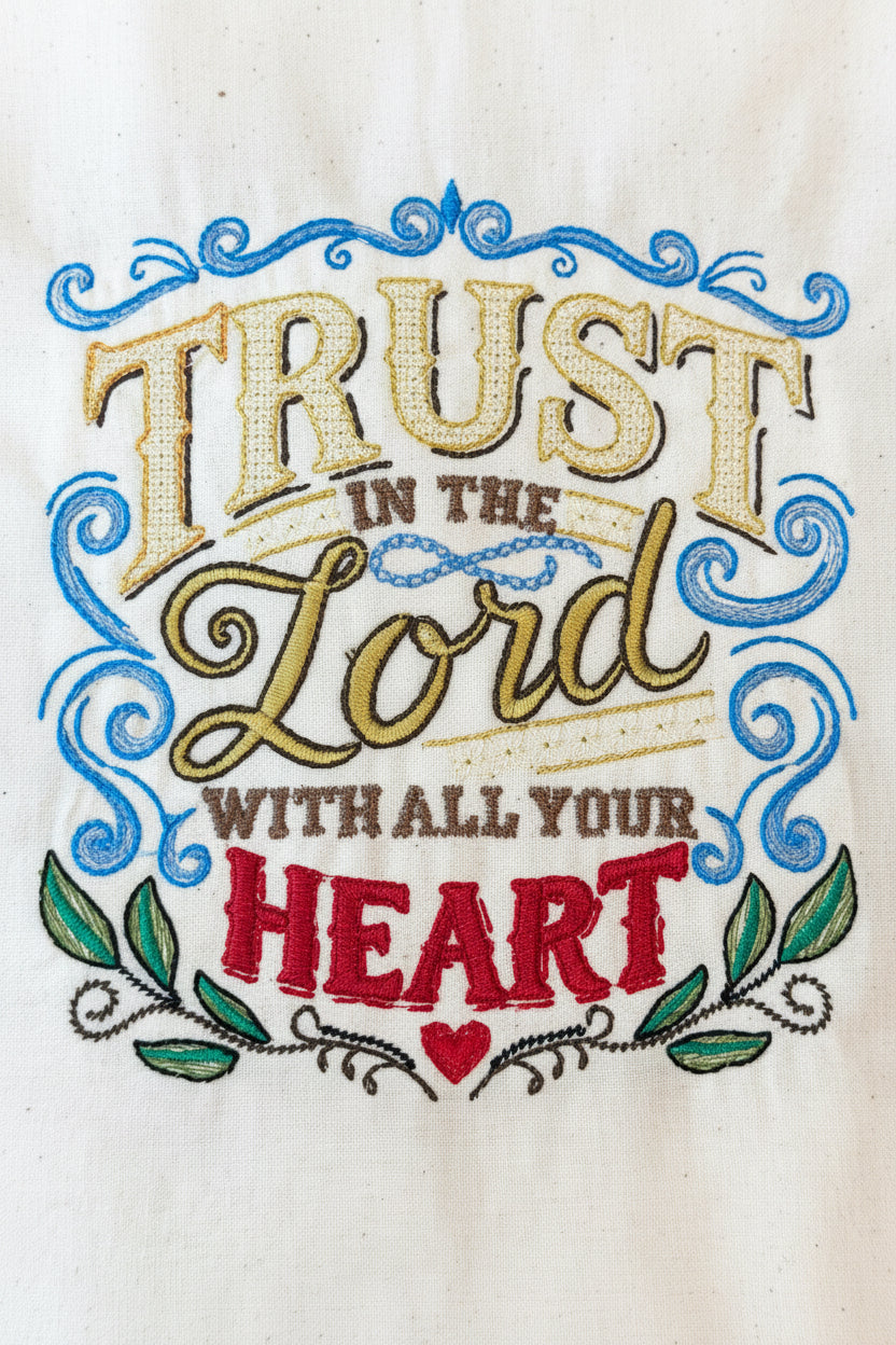 Embroidered text on fabric with decorative elements and a heart symbol.