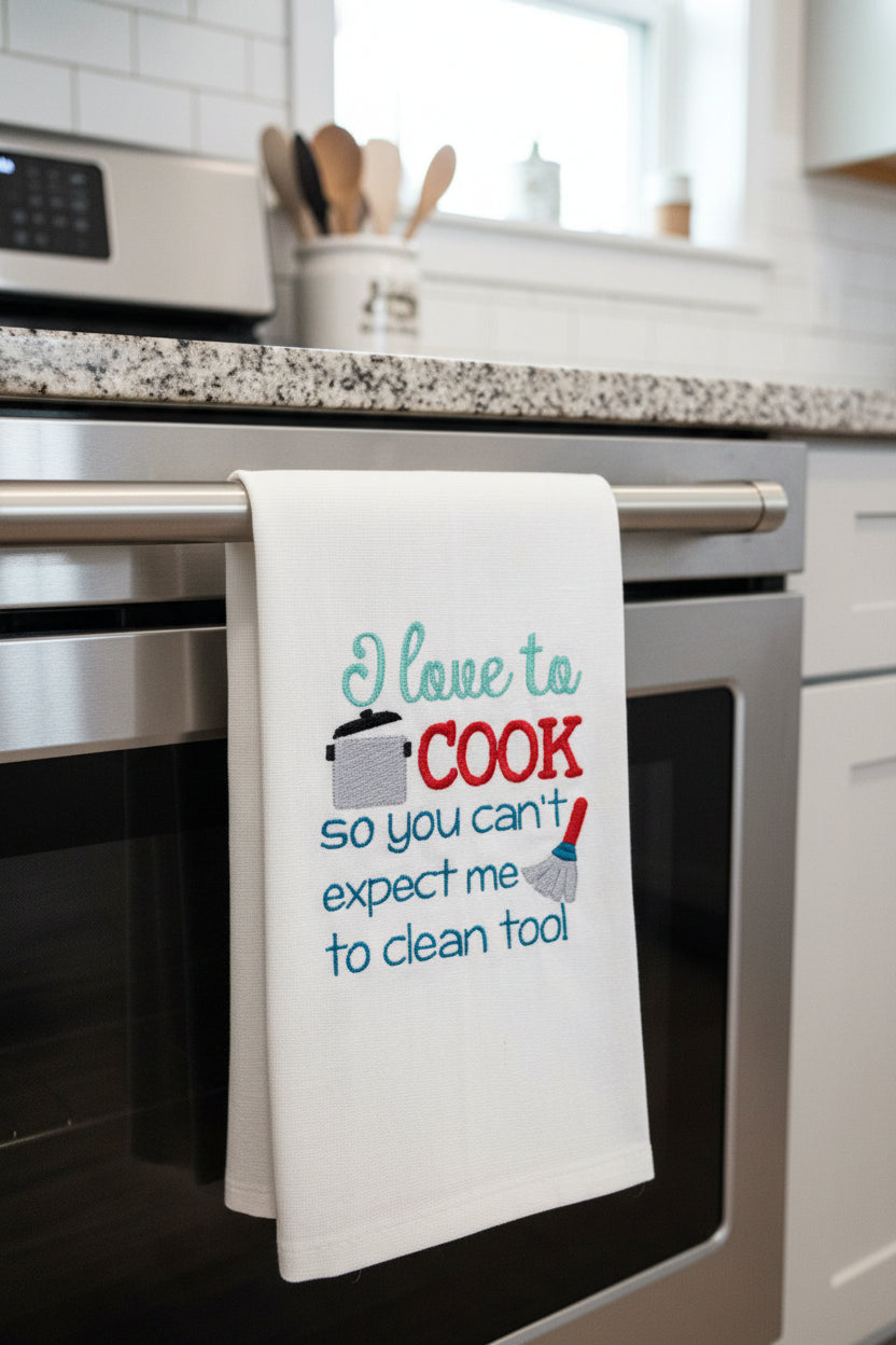 Towel with text 'I love to cook so you can't expect me to clean too' and kitchen utensil graphics.