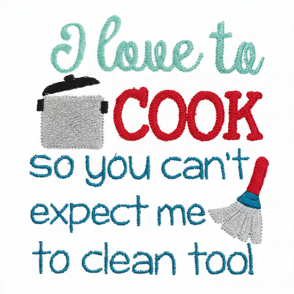 Embroidered text on a fabric with kitchen utensil icons and a beige background