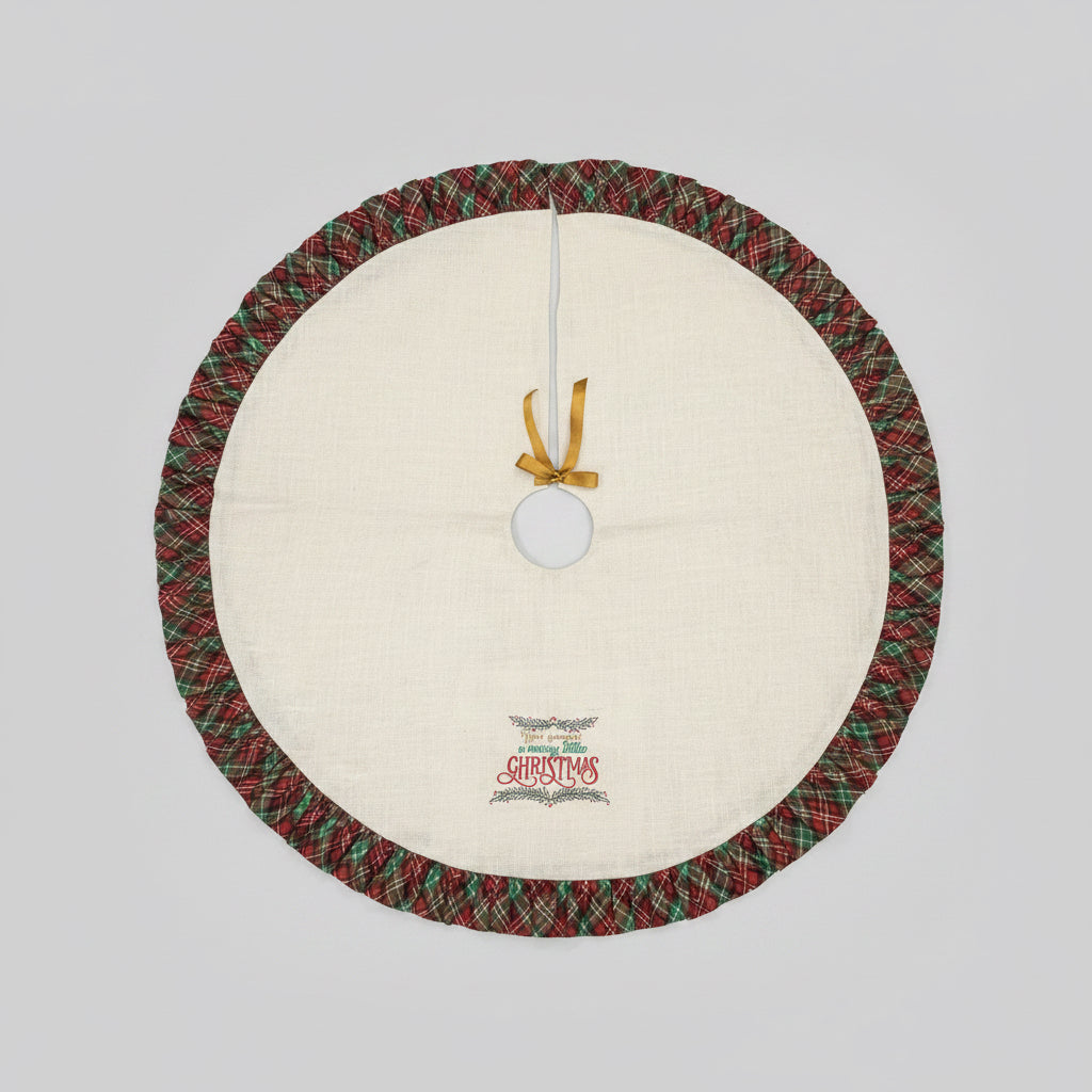 Christmas tree skirt with embroidered text and pleated plaid border