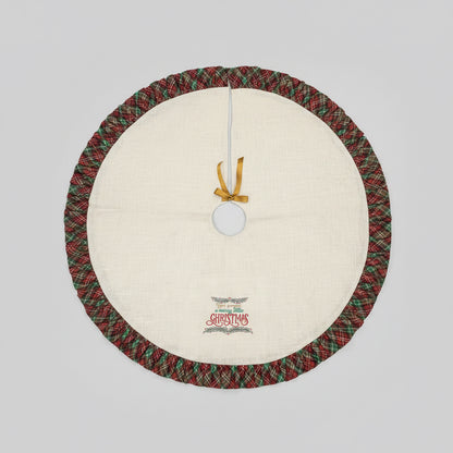 Christmas tree skirt with embroidered text and pleated plaid border