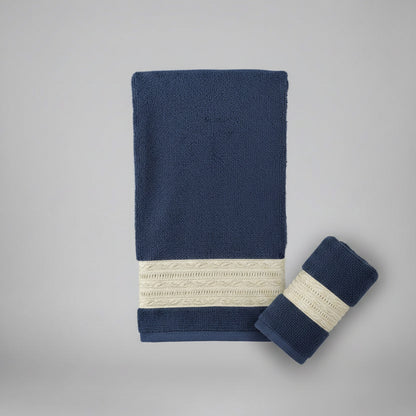 Blue towel with a cream/gold trim 