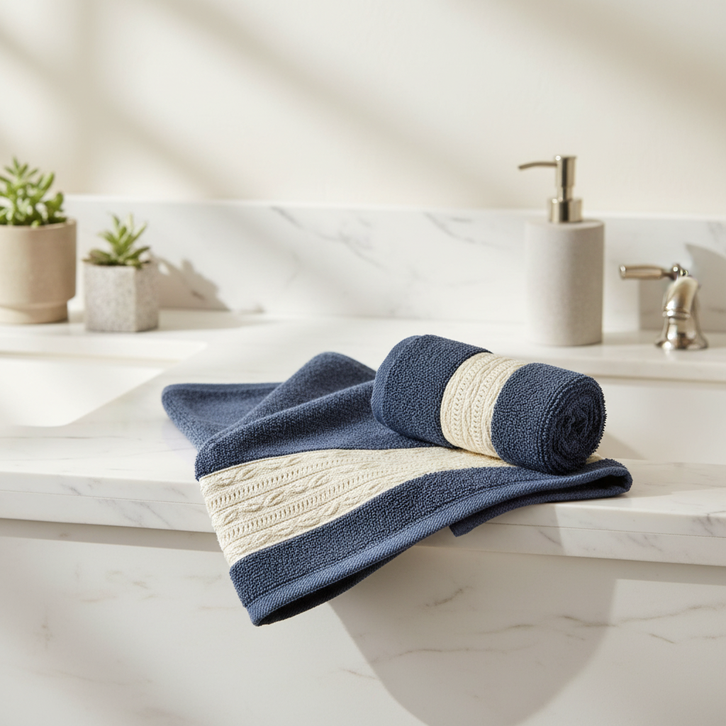 Blue towel with a cream/gold trim on marble bathroom counter by sink