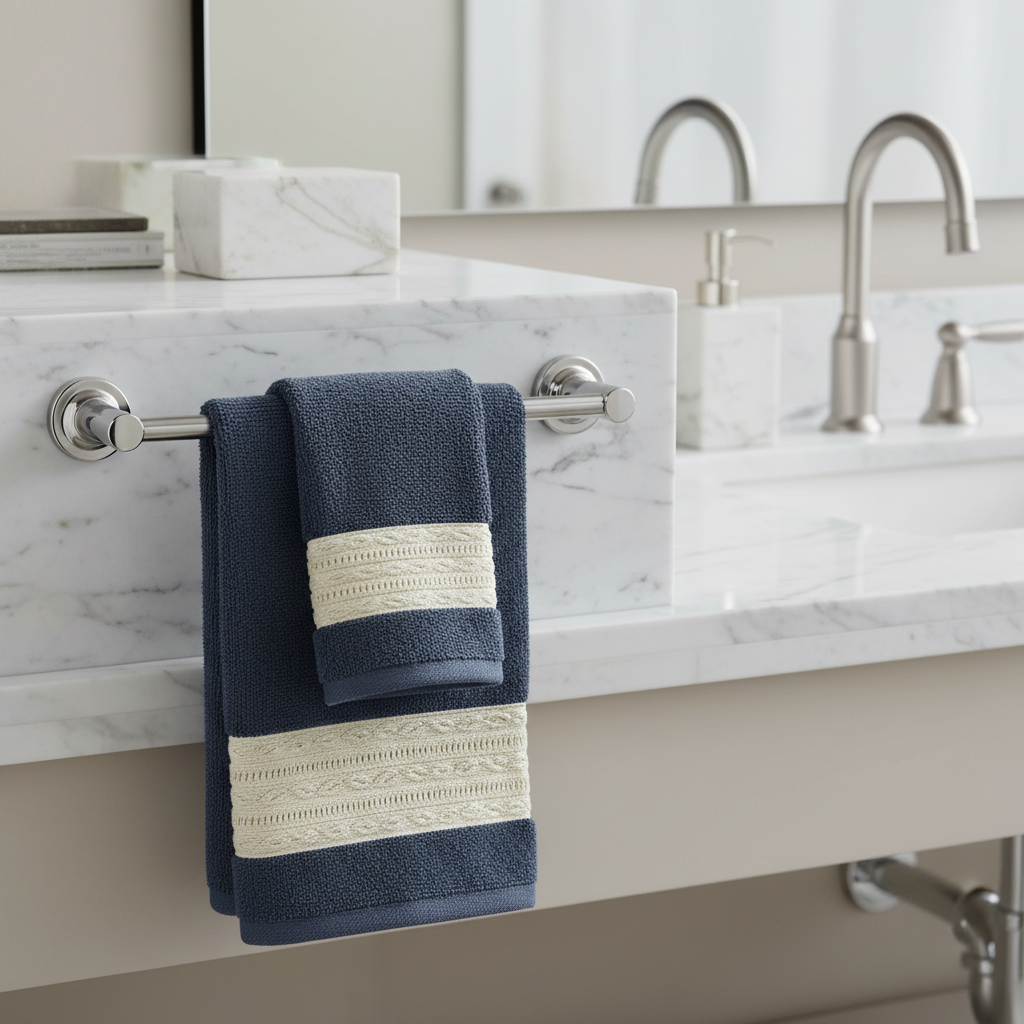 Navy Blue Decorative Hand Towel with Cream and Gold Trim - Luxury Bathroom Decor