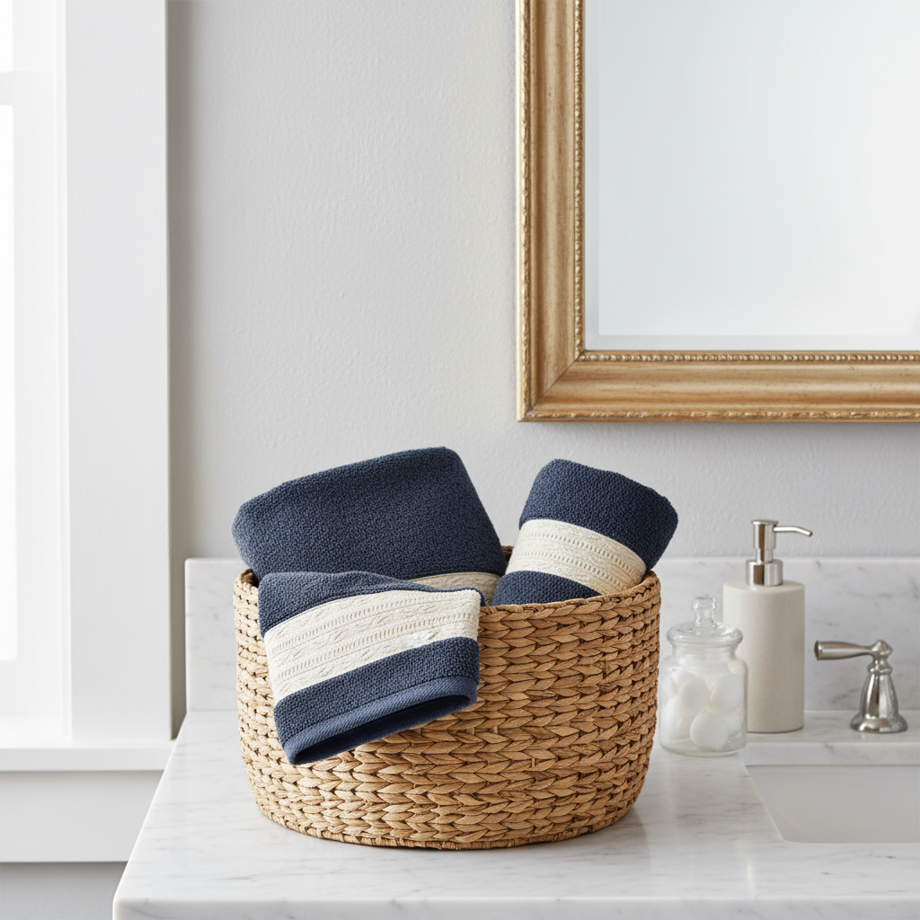 blue towel with cream trim in a basket on a bathroom counter