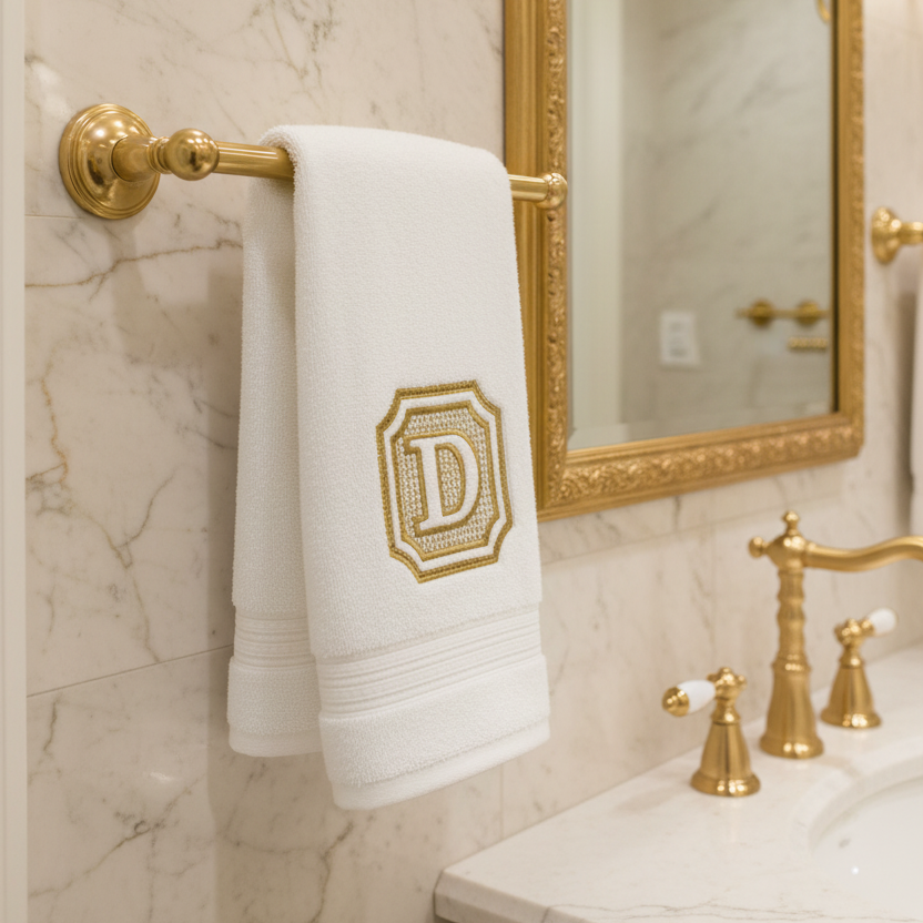 Bathroom with gold fixtures, including a towel rack and mirror, featuring a white towel with a gold monogram.