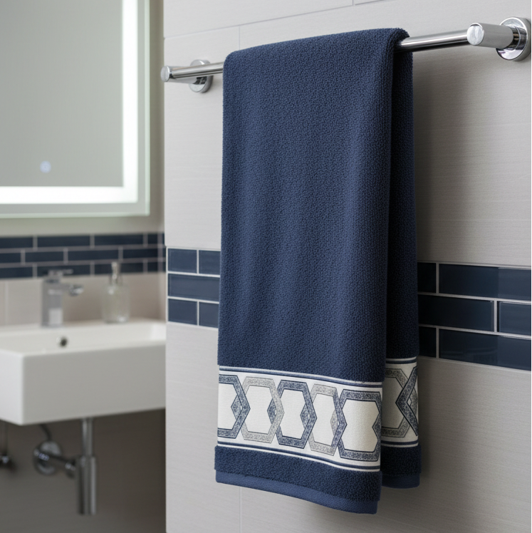 Navy Blue Decorative Hand Towel – Thick Plush 100% Cotton with Elegant Geometric Band Accent