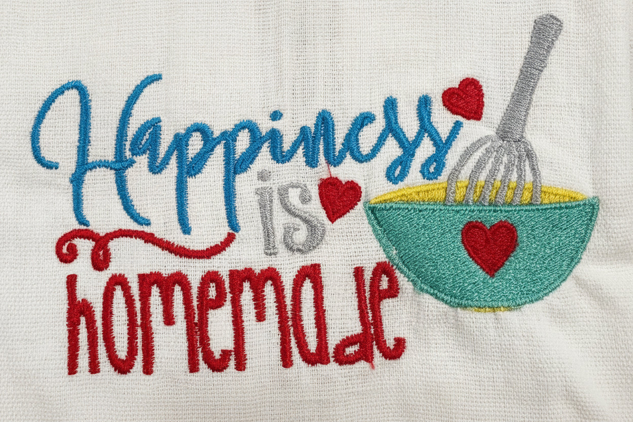 Embroidered text on a fabric with a fork, knife, and heart design.