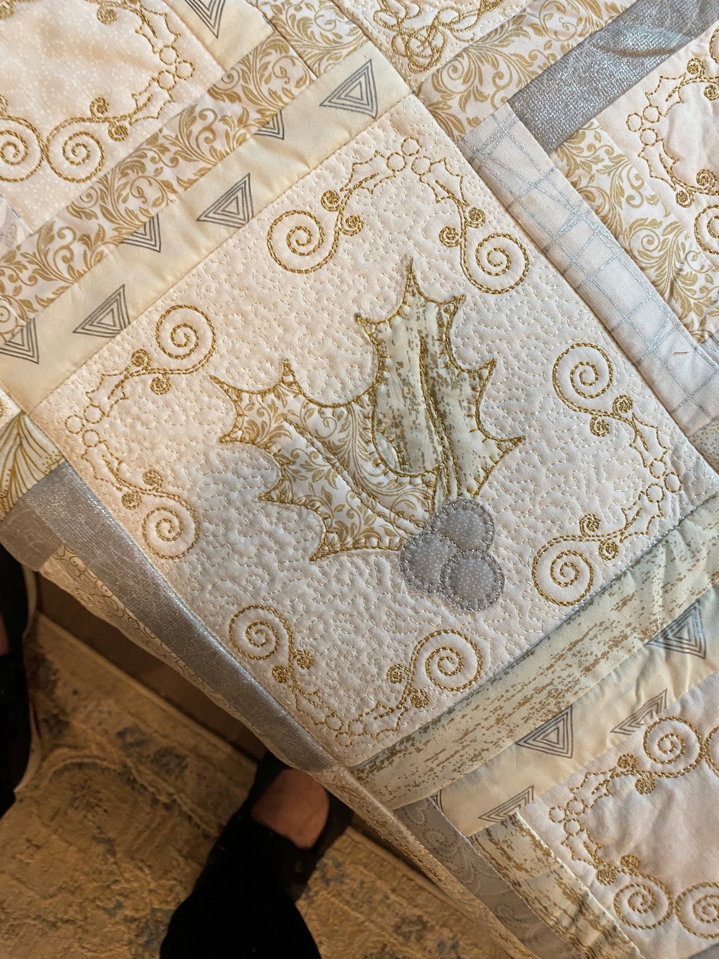 Silver & Gold Applique & Embroidered Christmas Quilt