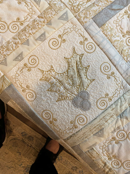 Silver & Gold Applique & Embroidered Christmas Quilt