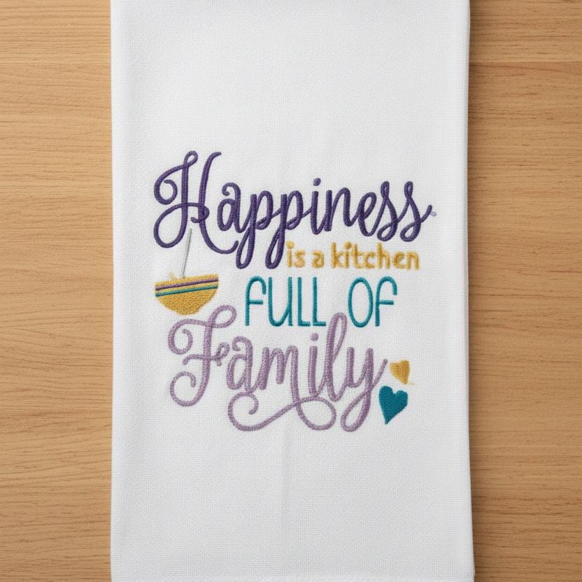 This image showcases a charming kitchen towel featuring an embroidered quote that reads "Happiness is a kitchen full of family." The towel is made from 100% cotton and measures 25.5"x 15.5", adorned with a stylish red stripe down each side. The design is colorful and inviting, making it a perfect addition to any kitchen setting. Ideal for personal use or as a thoughtful gift, this towel combines functionality with heartfelt sentiment, enhancing the joy of cooking and family gatherings.