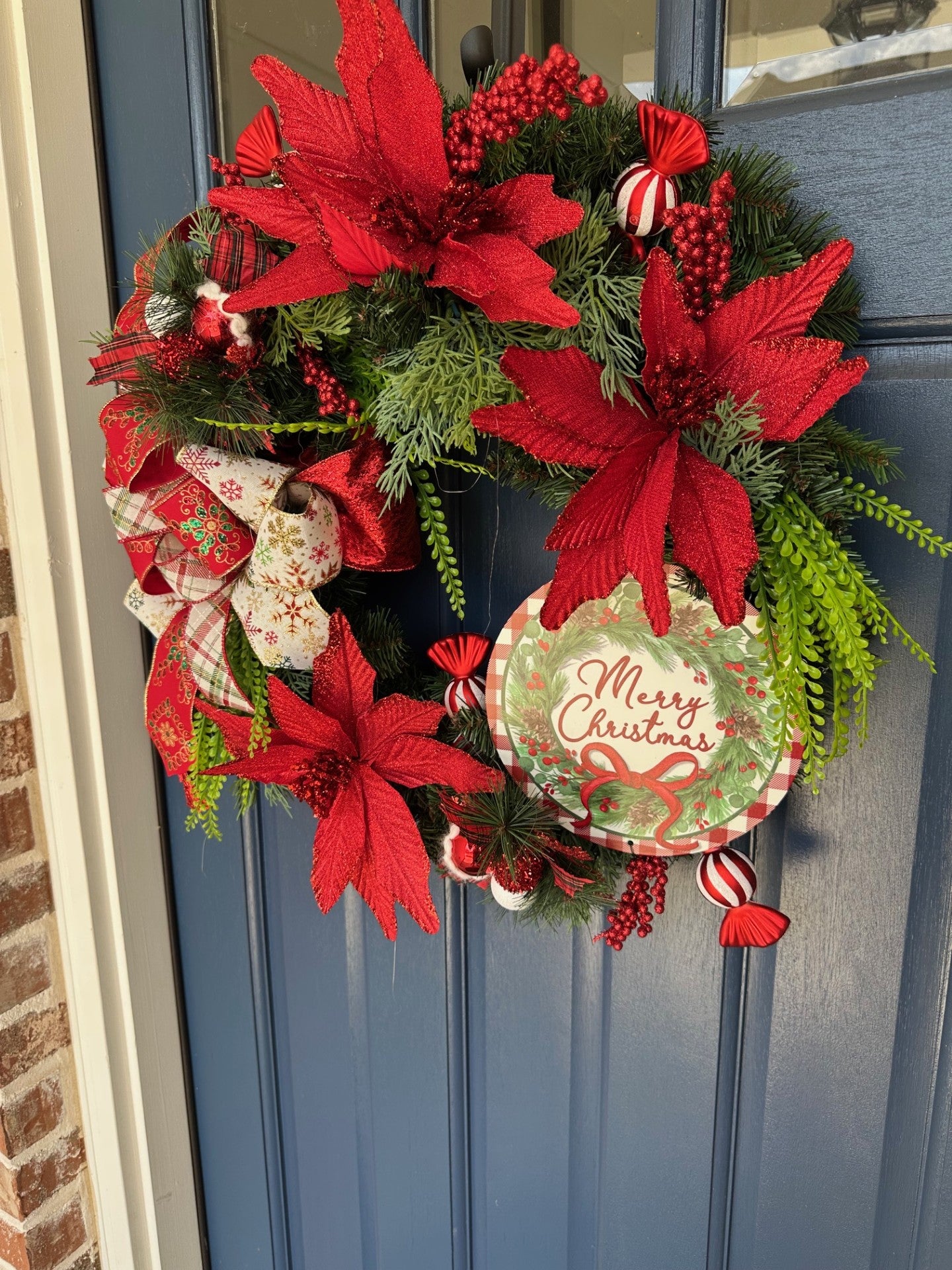 Merry Christmas Wreath 22" pine wreath with large bow in traditional red & green