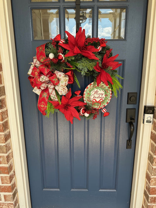 Merry Christmas Wreath 22" pine wreath with large bow in traditional red & green