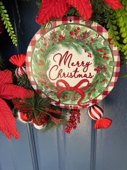 Merry Christmas Wreath 22" pine wreath with large bow in traditional red & green