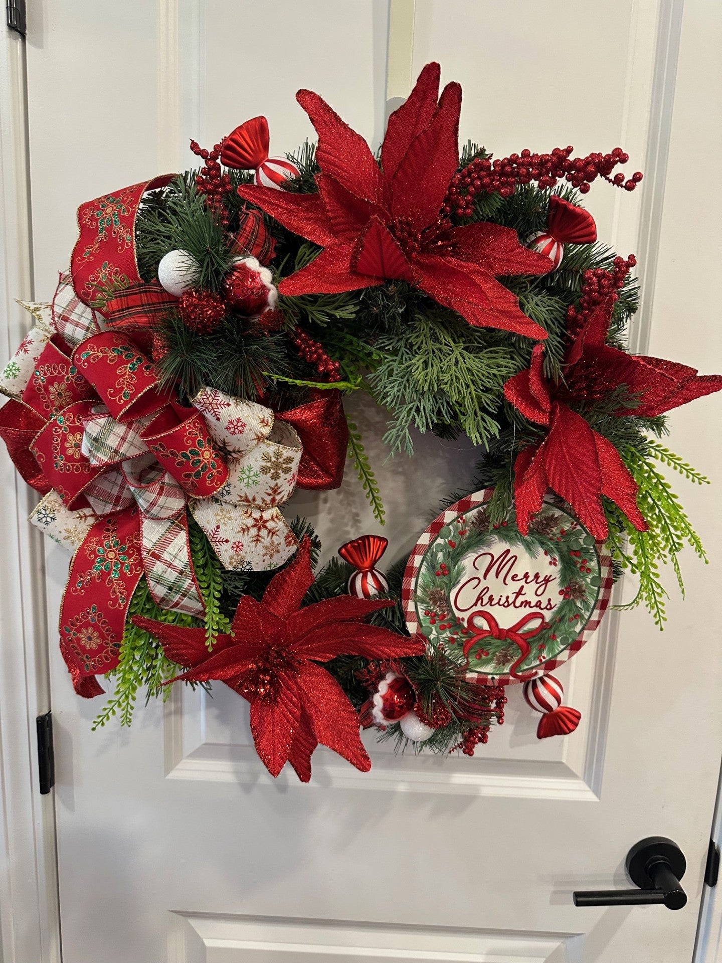 Merry Christmas Wreath 22" pine wreath with large bow in traditional red & green