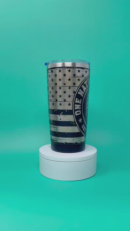 Tumbler with an eagle design and text "One Nation Under God USA Est 1776"