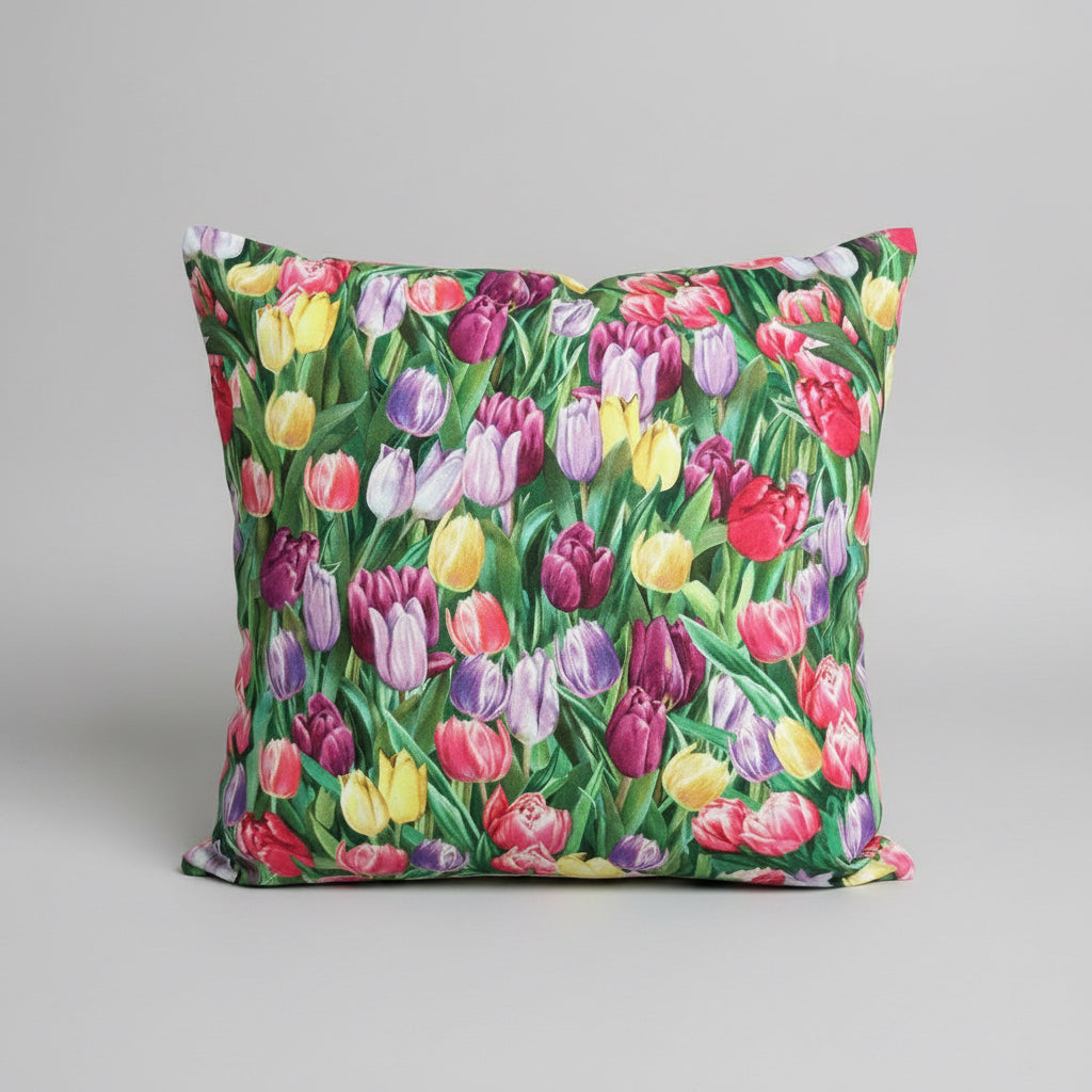 Decorative pillow with colorful tulip pattern on a textured surface